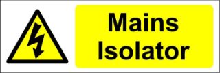 Picture of Warning Mains Isolator electrical safety sign - Self adhesive sticker 150mm x 50mm