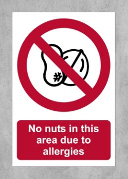 Picture of No nuts in this area due to allergies prohibition sign - Self adhesive sticker (200mm x 150mm)