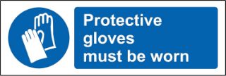 Picture of Protective gloves must be worn safety sign - Self adhesive sticker 150mm x 50mm