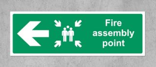 Picture of Fire assembly point directional left arrow Safety sign - 1.2mm Rigid plastic 300mm x 100mm