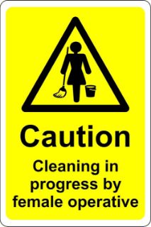 Picture of Caution cleaning in progress by female operatives toilet Safety sign - 1.2mm Rigid plastic 200mm x 150mm