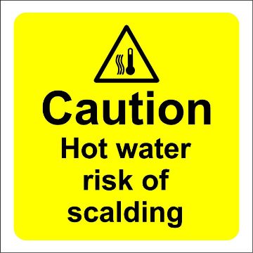 Picture of Warning sign Caution hot water risk of scalding safety sign - Self adhesive sticker 100mm x 100mm