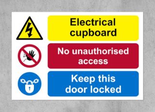 Picture of Electrical cupboard, no unauthorised access Keep this door locked safety sign - 1.2mm Rigid plastic 200mm x 150mm