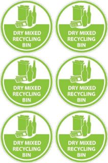 Picture of Dry mixed recycling bin sign - Pack of 6 stickers 100mm x 100mm on an A4 sheet