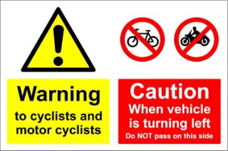 Picture of Cyclists and Motorcyclists Beware Vehicle Turning Left Warning Sign - Self Adhesive Vinyl 300mm x 200mm