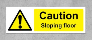 Picture of Caution sloping floor safety sign - Self adhesive sticker 300mm x 100mm