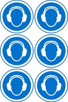 Picture of Ear protection sign, 100mm circle - Pack of 6 stickers on A4 sheet