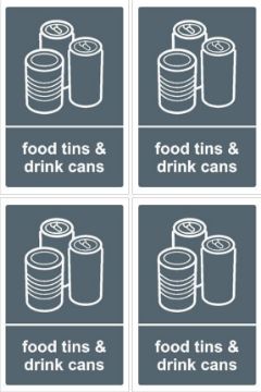 Picture of Food tins & drink cans recycling signs, 100x150mm, pack of 4 recycling stickers on A4 sheet