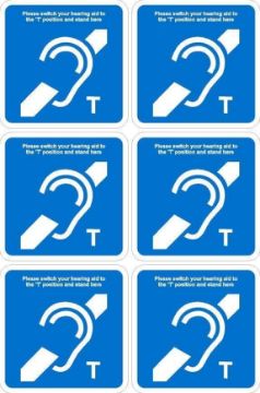 Picture of Please switch your hearing aid to 'T' position, 100x100mm sticker, Pack of Self adhesive stickers on A4 sheet (300mm x 200mm)