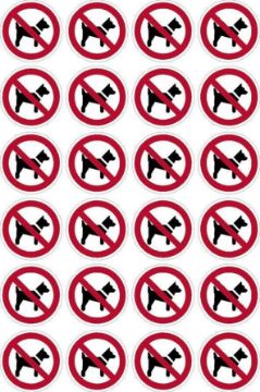 Picture of No Dogs Symbol Sign 50mm Circle - Pack of 24 Stickers on A4 Sheet