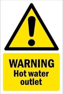Picture of Warning, hot water outlet, safety sign - Self adhesive sticker (200mm x 150mm)
