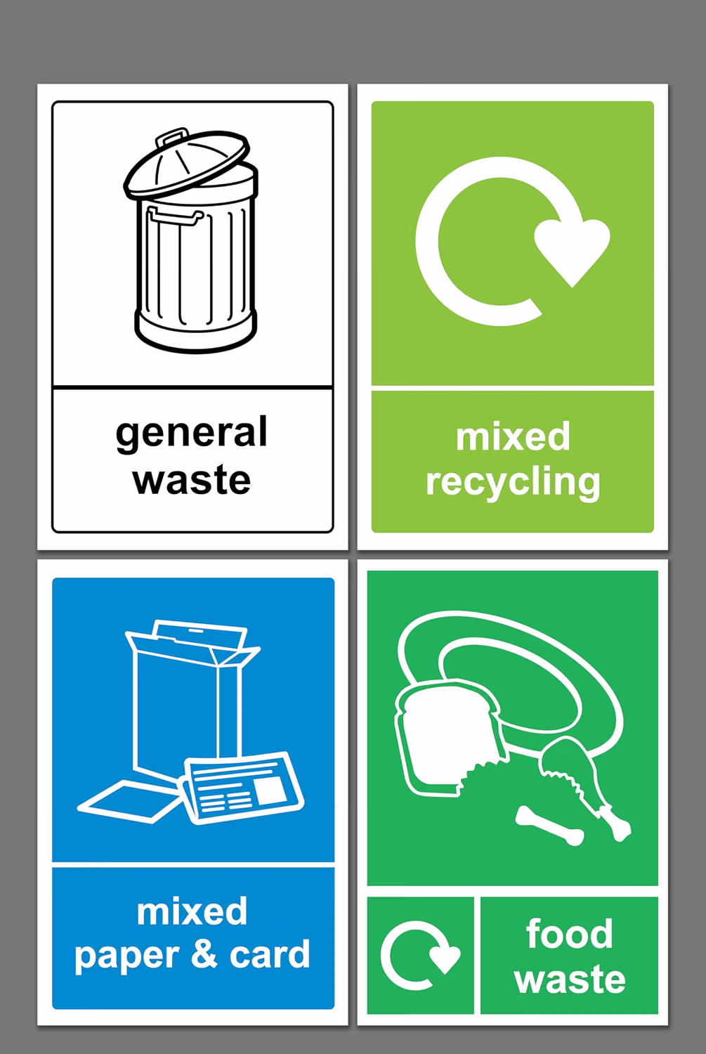 Picture of General waste/mixed recycling/mixed paper/food waste recycling sticker pack, 100x150mm, pack of 4 stickers on A4 sheet