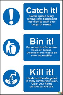 Picture of Germs Spread Easily bin it wash Your Hands Hygiene Safety Sign Sign - Self Adhesive Sticker 300mm x 200mm